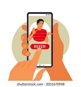 Referral program concept. Hand holding phone. Vector illustration. Flat