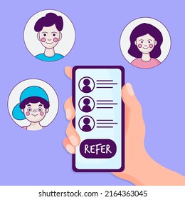 Referral program concept. Hand holding phone. Business partnership strategy with group of people. Network marketing, referring friends, affiliate marketing concept. Landing page template.