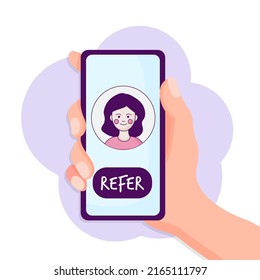 Referral program concept. Hand holding phone. Business partnership strategy with group of people. Network marketing, referring friends, affiliate marketing concept. Landing page template.