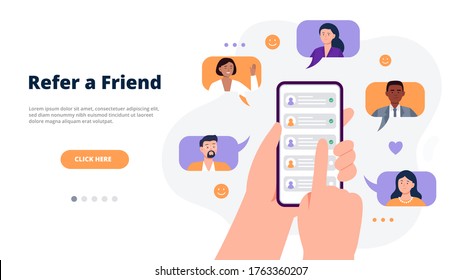 Referral program concept. Hands holding a phone with contacts of friends. Social media marketing for friends. Trendy flat vector illustration for banners, landing page template, mobile app.