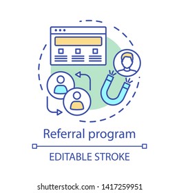 Referral program concept icon. Marketing campaign idea thin line illustration. Customer retention. Website traffic, consumers encouragement. Vector isolated outline drawing. Editable stroke