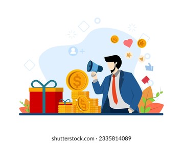 Concepto de programa de referencia, invitación, asociación de negocios, smm, Hombre con grito e invitación a amigo, Refiera a un amigo, Ilustración vectorial en diseño plano sobre fondo blanco.