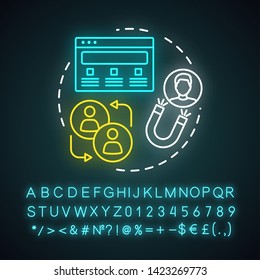 Referral program concept neon light icon. Marketing campaign. Customer retention. Website traffic, consumers encouragement. Glowing alphabet, numbers and symbols. Vector isolated illustration