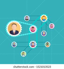 Referral program concept - people avatars (userpic) connected with hierarchical chain drive (gearbox) mechanism - vector marketing illustration