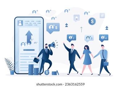 Referral program concept. Promotion campaign and target marketing, mobile advertising. Businessman uses loudspeaker to attract referrals. Group of people followers holding hands. Vector illustration