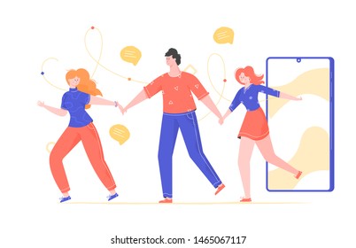 Referral program concept, refer a friend, new customer client, recommendation in the application, a group of people running holding hands, advertising character flat vector
