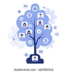 Referral program concept. A tree as metaphor of referral marketing and business partnership, referral program strategy and development. Vector illustration