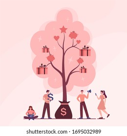 Referral program concept. A tree as metaphor of referral marketing, referral program strategy and development, bonus and profit. Vector illustration