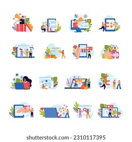 Referral program flat icon set with likes smartphones subscribers and referrals subscription gifts people behind notebooks vector illustration