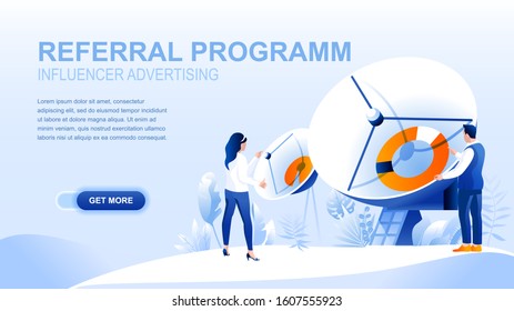 Referral program flat landing page with header. Influencer advertising website layout. Social media marketing strategy, product placement, promotion and advertisement banner vector template