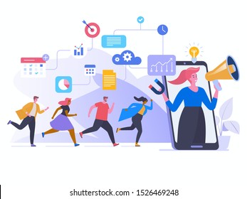 Referral program flat vector illustration. People running to smartphone, woman shouting in megaphone cartoon characters. Viral advertising, goods promotion. Word of mouth network concept