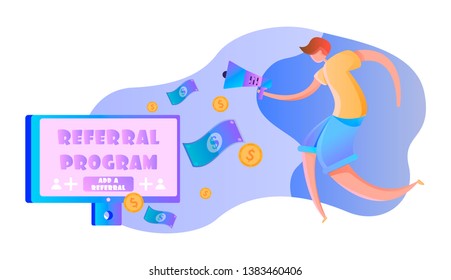 referral program gives bonuses for invited friends, earnings and nice bonuses on invitations on the Internet, vector image, colorful illustration for web sites and landing pages.
