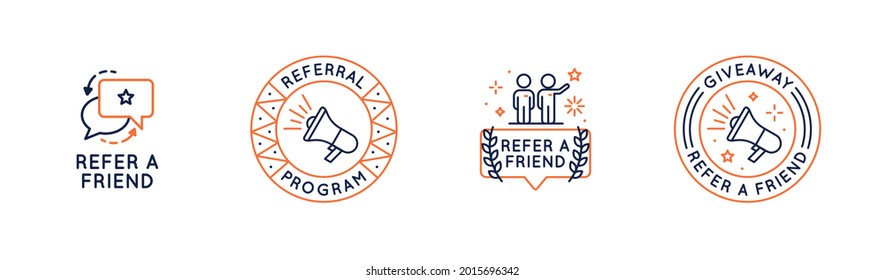 Referral program icons set. Refer a Friend concept with speech bubbles. People, megaphone icons. Label, badge isolated on white background. Vector illustration