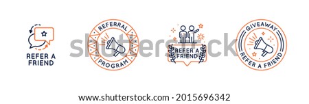 Referral program icons set. Refer a Friend concept with speech bubbles. People, megaphone icons. Label, badge isolated on white background. Vector illustration