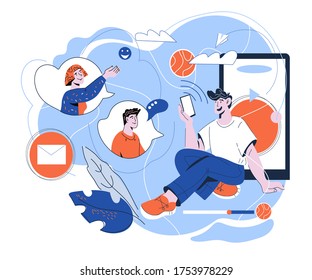 Referral program and internet network marketing with people cartoon characters communicating in social media chat. Refer a friend and customers recommendation. Vector cartoon illustration isolated.
