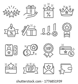 Referral program, invite friends, bonuses thin line icons set isolated on white. Affiliate marketing, partnership, recommendations, gifts pictograms collection. Vector elements for infographic or web.