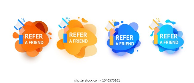 Referral program inviting a friend. Banner set of gradient color wave liquid shape with megaphone on a white background.