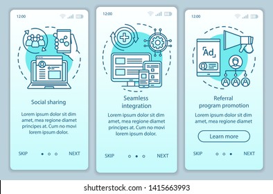 Referral program key items onboarding mobile app page screen with linear concepts. Three walkthrough steps graphic instructions. Customer attraction. UX, UI, GUI vector template with illustrations