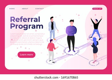 Referral program landing page concept with illustration of man and his friends who affiliated by him.