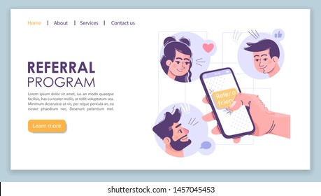 Referral program landing page vector template. Social media marketing website interface idea with flat illustrations. Company homepage layout. Refer a friend web banner, webpage cartoon concept 