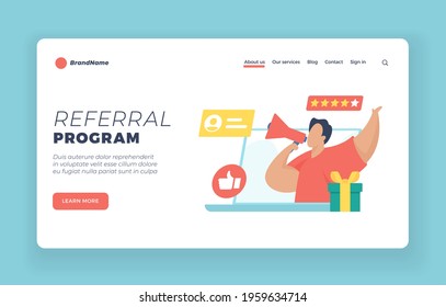 Referral program landing page website banner template. Male character holding megaphone in hand while announcing an important announcement. Social media marketing. Refer a friend promotion method