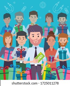 Programa de remisión. Un hombre invita a sus amigos y conocidos a suscribirse a través de su enlace de referencia. Suscriptores satisfechos que recibieron regalos