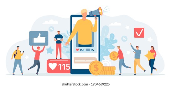 Referral program. Man with megaphone on phone screen invite friends and get money. Social media marketing, loyalty programs vector concept