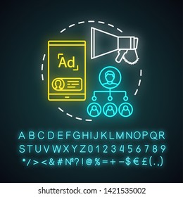 Referral program promotion concept neon light icon. Smm, social networking, strategy, social share. Customer encouragement. Glowing alphabet, numbers and symbols. Vector isolated illustration