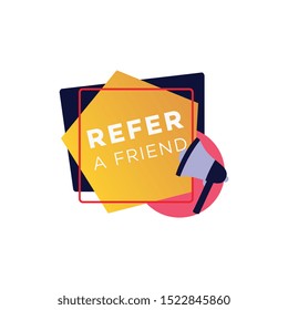 Referral program promotion geometric shapes business banner with megaphone or loudspeaker vector illustration isolated on white background. Advertising marketing icon.