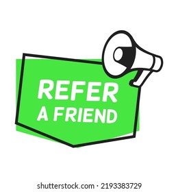 Programa de remisión, recomendación, marketing social. Refiera el anuncio de un amigo con altavoz. Burbujas de habla brillante, cintas megáfonas, formas abstractas