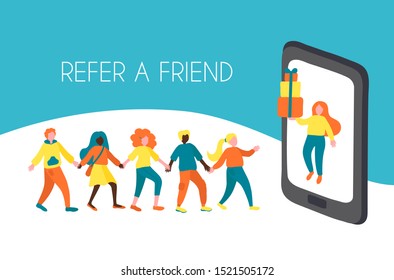 referral program "refer a friend". attracting customers with modern technologies. concept of promotion with  loyalty programs. vector hand drawn flat illustration. people go to big phone.