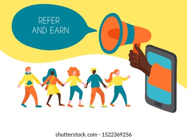 referral program "refer a friend". attracting customers with modern technologies. concept of promotion with  loyalty programs. vector hand drawn flat illustration. people go to big phone.