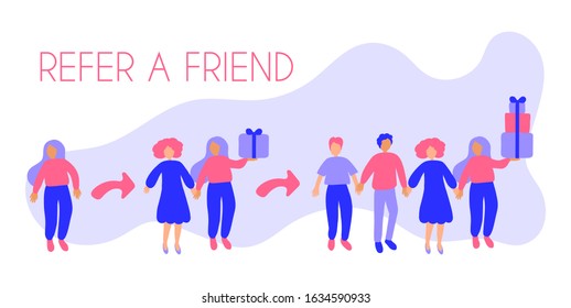 referral program "refer a friend". attracting customers with modern technologies. concept of promotion with  loyalty programs. vector hand drawn flat illustration. people with gifts.