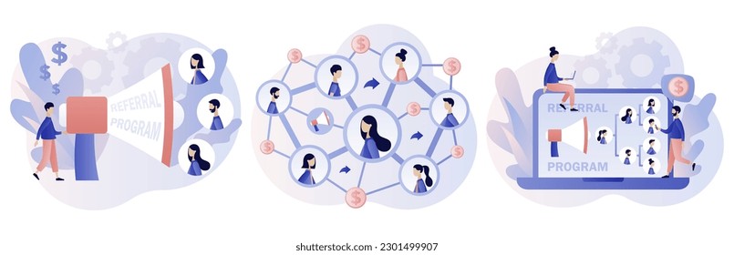 Referral program. Refer a friend concept. Social media marketing. Business partnership. Modern flat cartoon style. Vector illustration on white background