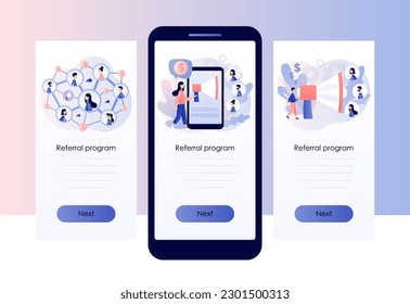Programa de remisión. Consulte el concepto de un amigo. Marketing en medios sociales. Asociación empresarial. Plantilla de pantalla para la aplicación móvil para smartphone. Estilo moderno de dibujos animados planos. Ilustración del vector