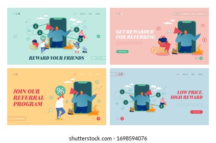 Referral Program, Refer a Friend Landing Page Template Set. Salesman Character Shouting to Megaphone Attracting Audience. People Connected with Internet Worldwide Network. Cartoon Vector Illustration
