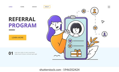 Referral Program rewards concept with woman with gift on a smartphone app referred by a friend, website landing page or template design flat outlined cartoon vector illustration with copyspace