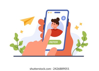 Referral-Programmdienst. Hand halten Telefon zu berühren Refer-Taste, fügen Sie und laden Sie Frau zu Loyalitätsprogramm, Portrait von Mädchen aus Social Media Profil oder Benutzerkonto Cartoon Vektor-Illustration