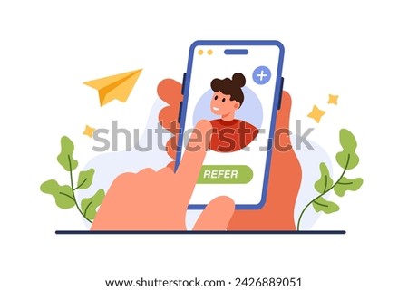 Referral program service. Hand holding phone to touch Refer button, add and invite woman to loyalty program, portrait of girl from social media profile or user account cartoon vector illustration