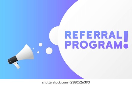 Referral program sign. Flat, purple, megaphone text, referral program. Vector icon