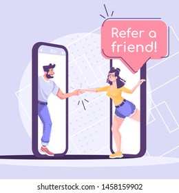 Referral program social media post mockup. Advertising web banner design template. Social media booster, content layout. Promotion poster, print ads with flat illustrations. Friends holding hands
