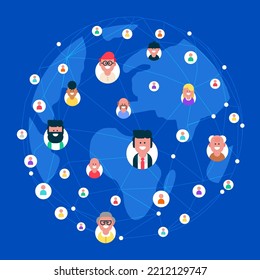 Referral program strategy flat circle, Friends communicating and promoting each other goods, Internet marketing. Affiliate network characters, people icons connected,  Flat avatar vector