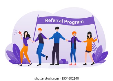 Referral program strategy with people holding hands. Referral marketing, affiliate marketing, network marketing, business partnership concept