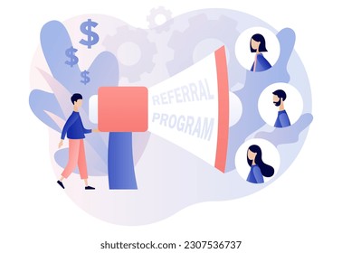 Referral program strategy. Refer a friend concept. Social media marketing. Network marketing. Business partnership. Modern flat cartoon style. Vector illustration on white background