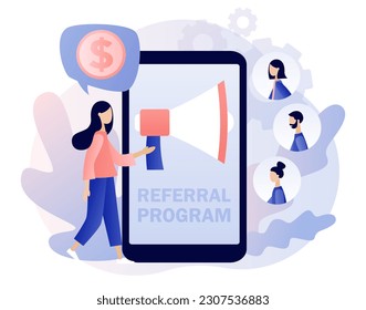 Estrategia del programa de remisión. Consulte el concepto de un amigo. Marketing en red. Marketing en medios sociales. Asociación empresarial. Estilo moderno de dibujos animados planos. Ilustración del vector sobre fondo blanco