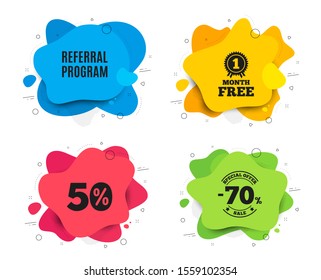 Referral program symbol. Liquid shape, various colors. Refer a friend sign. Advertising reference. Geometric vector banner. Referral program text. Gradient shape badge. Vector