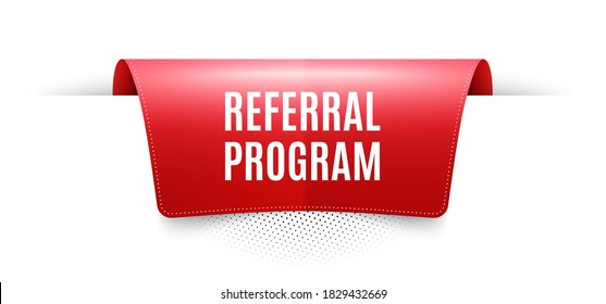 Referral program symbol. Red ribbon label tag. Refer a friend sign. Advertising reference. Infographics price tag banner. Referral program badge shape. Website ribbon label banner. Vector