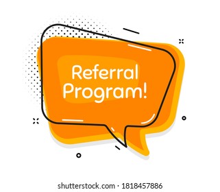 Referral program symbol. Thought chat bubble. Refer a friend sign. Advertising reference. Speech bubble with lines. Referral program promotion text. Vector