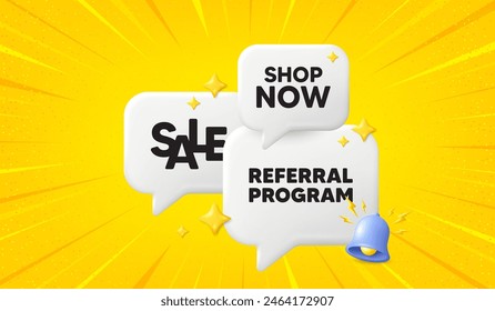 Referral program tag. 3d offer chat speech bubbles. Refer a friend sign. Advertising reference symbol. Referral program speech bubble 3d message. Talk box banner with bell. Vector