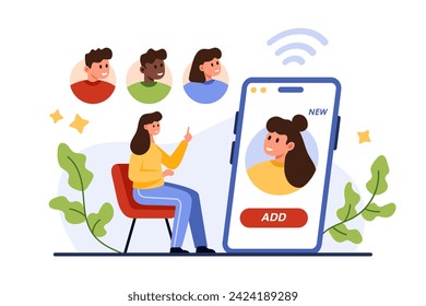 Referral program. Tiny woman sitting near big mobile phone to increase interaction, advertising influencers offer message for girl to follow and join group of customers cartoon vector illustration